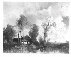 landscape with brook cows + cottage by Joseph Wenglein