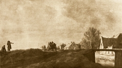 Landscape with horse-drawn cart near a bridge and houses