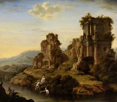 Landscape with ruins, nymphs bathing