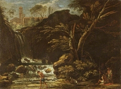 Landscape with Waterfall and Fishermen by Anonymous
