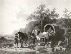 Landschap met een huifkar met drie paarden