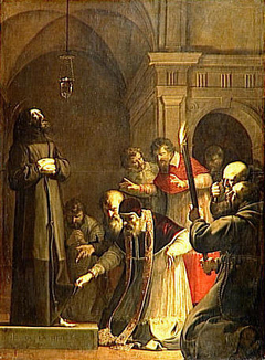 Le Pape Nicolas V, en 1449, se fait ouvrir le caveau de saint François d'Assise by Laurent de La Hyre