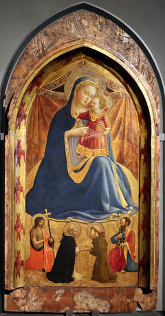 Madonna dell’umiltà, i santi Giovanni Battista e Paolo e l’incontro dei santi Domenico e Francesco by Fra Angelico