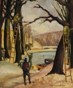 (Men Pruning Trees around Pond) by Ilah Marian Kibbey