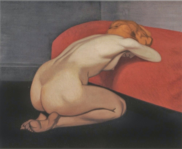 Naked Woman Kneeling in front of a Red Couch Félix Vallotton