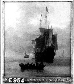 Oorlogsschip en sloep op een kalme zee by Anonymous