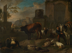 Pferde, Rinder, Schafe und Ziegen zwischen römischen Ruinen