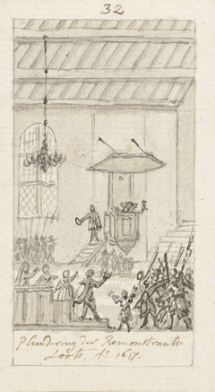 Plundering van de Remonstrantse vergaderplaats te Amsterdam, 2 februari 1617 by Simon Fokke