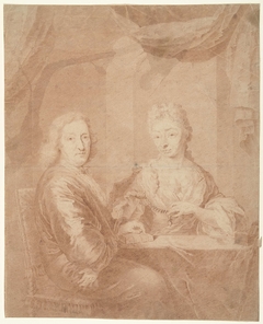 Portret van een man en vrouw aan een tafel by Unknown Artist