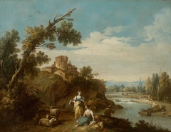 River Landscape with two Country Women and Four Sheep on a Winding Road, a Fisherman and Farm buildings round an Old Round Tower in the middle distance