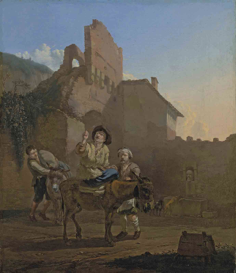 Ruined Castle with a Man on a Donkey before a Gate