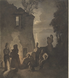 Rustende savoyards bij een vuur aan de oever van een meer bij avond by Johann Conrad Seekatz