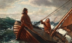 Seascape with two fishermen in a boat in big waves by Carl Rasmussen