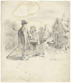 Staand jongetje bij zittende vrouw in landschap by Pieter van Loon