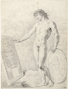 Staand mannelijk naakt, met een reliëf waarop een vruchtbaarheidsgodin (Isis?) en een schild met het embleem van Felix Meritis by Hendrik de Flines