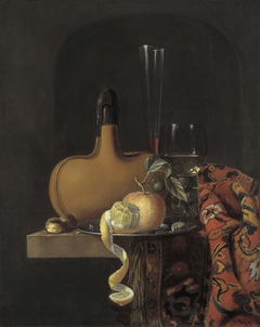 Still life with a field flask, roemer and fruit