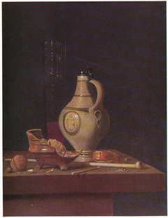 Still life with crock, passglass, broken brazier and pipe by Jan Fris