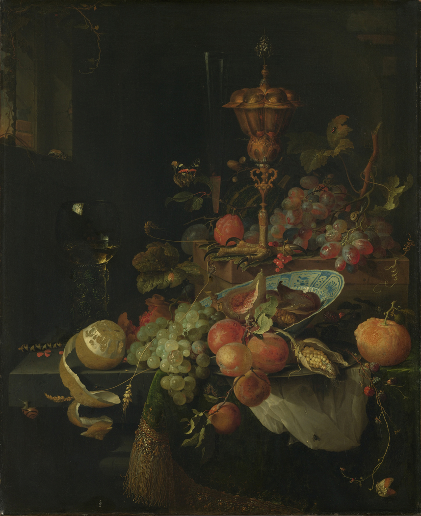 Still life with fruit and a beaker on a cock's foot