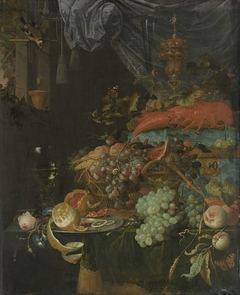 Still Life with Fruit and a Goldfinch by Abraham Mignon