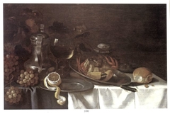 Still life with Jug, fruit, and crab on a draped table