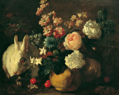 Stillleben mit Kaninchen, Blumen und Früchten