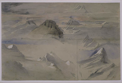 Studies of Alpine Peaks - High Elevation View Of Alpine Mountains, Annotated With Names Of Corresponding Peaks. by John Ruskin