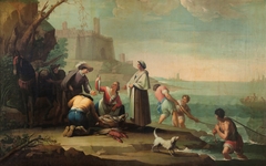 Tres marineros tirando la red y una mujer vendiendo pescado by Zacarías González Velázquez