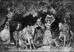 Two Women with Horses, a Dog, and an Attendant by Adolphe Joseph Thomas Monticelli