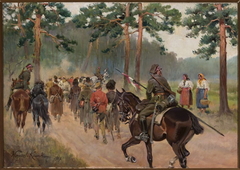 Ułani eksportujący jeńców na leśnej drodze by Wojciech Kossak