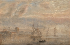 View of Bergen Harbour in Mist by Johan Christian Dahl