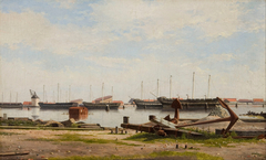 View of the wharf at Nyholm with the crane and some warships by Christoffer Wilhelm Eckersberg