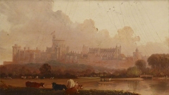 View of Windsor Castle, with Four Cows in the foreground, and Men in a Boat by manner of Edmund Bristow