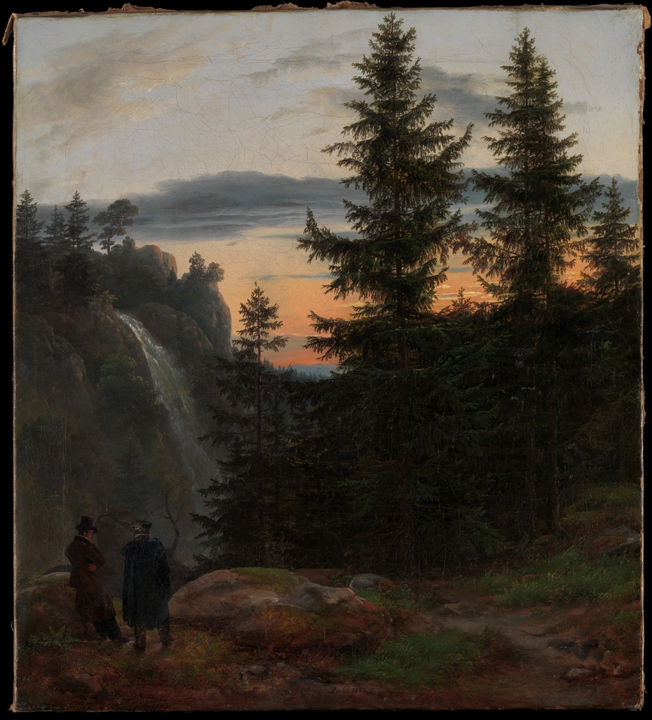 Two Men before a Waterfall at Sunset