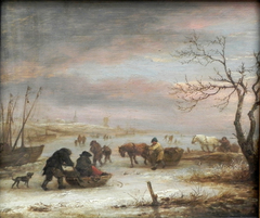 Winter Landscape with Skaters and Frozen Boats
