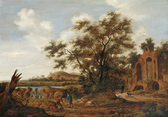 Wooded River Landscape with Travelers on Old Ruins by Adriaen Hendriksz Verboom