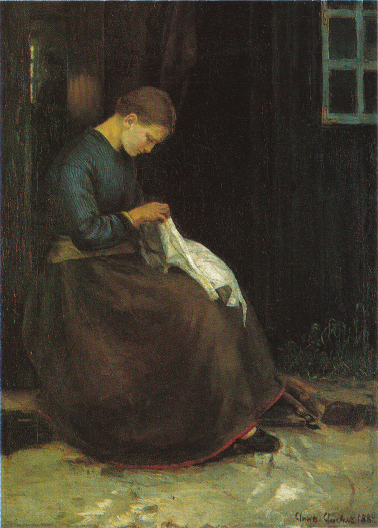 Young woman with her needle-work at the door of a house