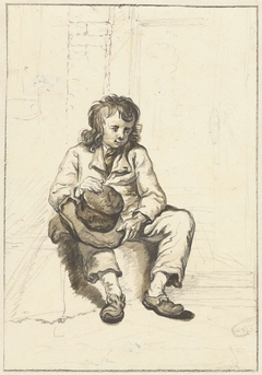 Zittende jongen met hoed op schoot bij een deuropening by Abraham van Strij I