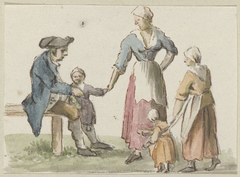 Zittende man en staande vrouw met drie kinderen by Unknown Artist