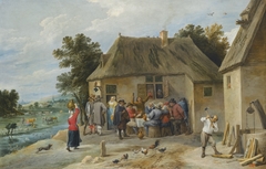 A Countryside Inn, with the innkeeper chopping wood