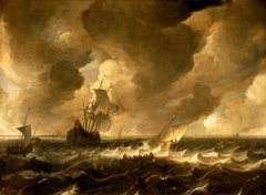 A flute and other vessels off the Dutch coast by Pieter de Zeelander