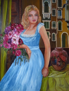 A Girl with Roses and Italian Court Yard