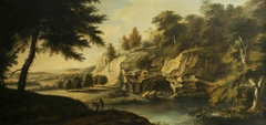 A River Scene with Rocky Banks and a Waterfall by Johann Heinrich Müntz
