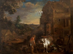 A Wooded Landscape with a Milkmaid milking a Cow and Labourers outside a Farm Building by Anonymous