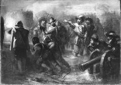 Anno 1644. Frederik Hendrik spreekt zijn door het water getroffen manschappen bij Sas van Gent moed in by Antonie Frederik Zürcher
