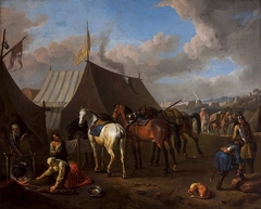 Camp scene with urinating horse