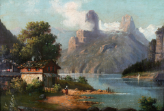 Cottage with lake and mountains by August Peters