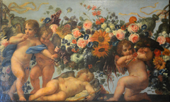 Cupids and Garlands of Flowers with a Parrot