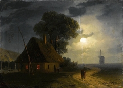 Farm House and Windmill by moonlight