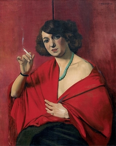 Femme drapée de rouge tenant une cigarette by Félix Vallotton