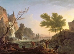 Fishermen in a Landscape with a Cascade and a Bridge by Joseph Vernet